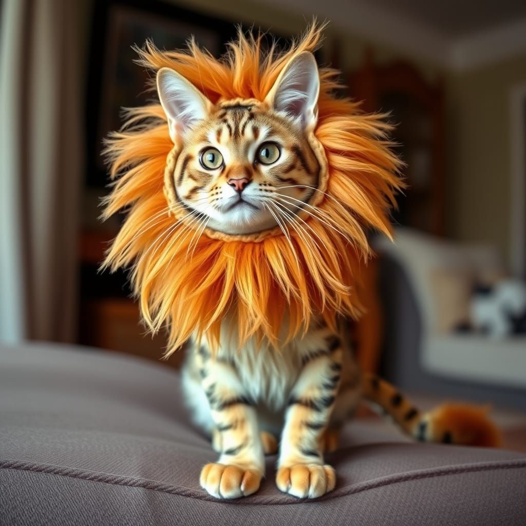 Cat in Lion Costume Perched on Couch Back
