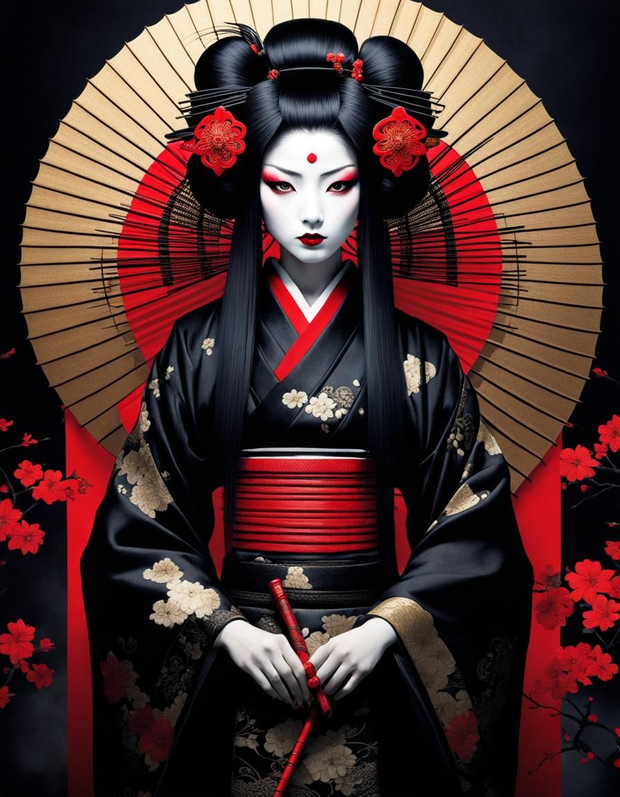 Gothic Geisha Portrait in Yoshitaka Amano Style