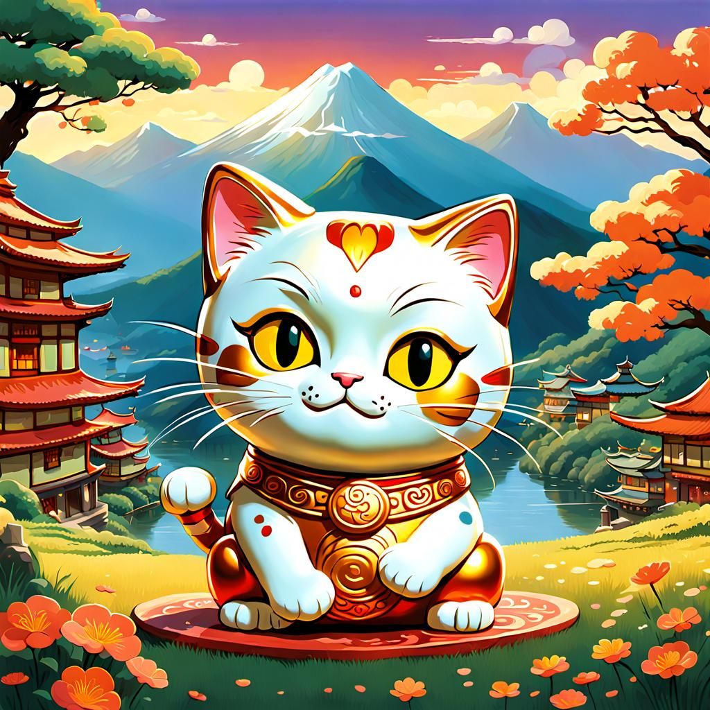 Chibi Lucky Cat in Storybook Illustration Style