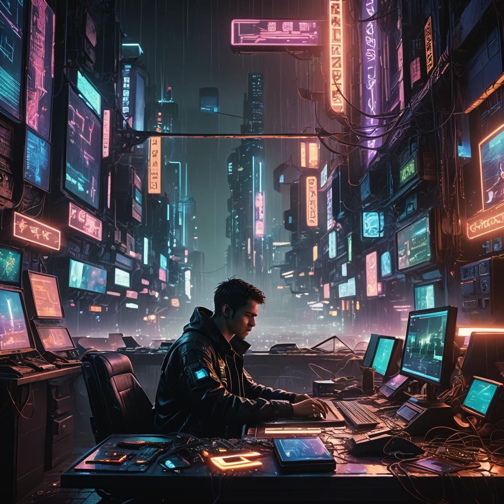 Cyberpunk Hacker in Neon Cityscape