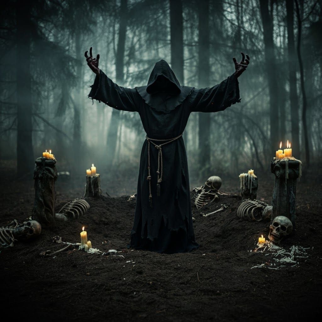 Eerie Ritual in Mist-Shrouded Forest: A Dark Masterpiece
