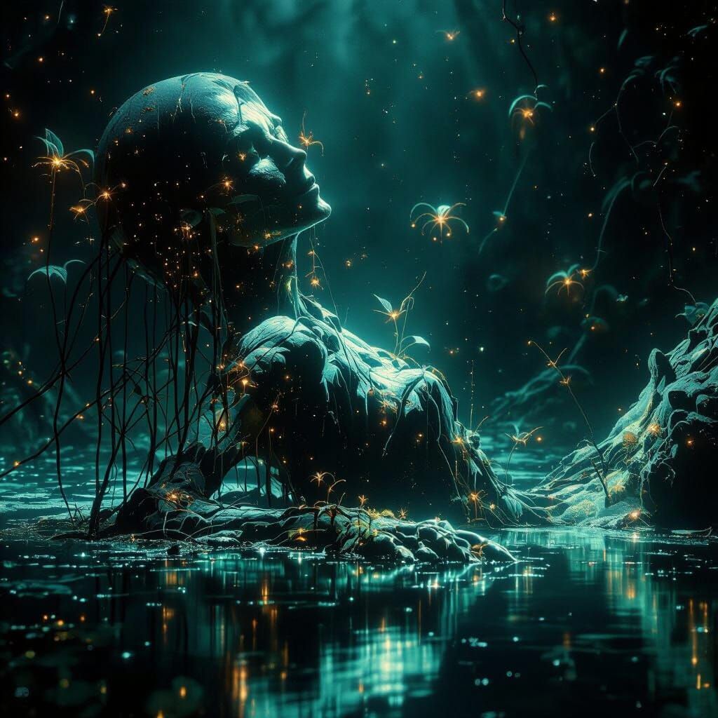 Camus-Inspired Figure in Ethereal Swamp Landscape