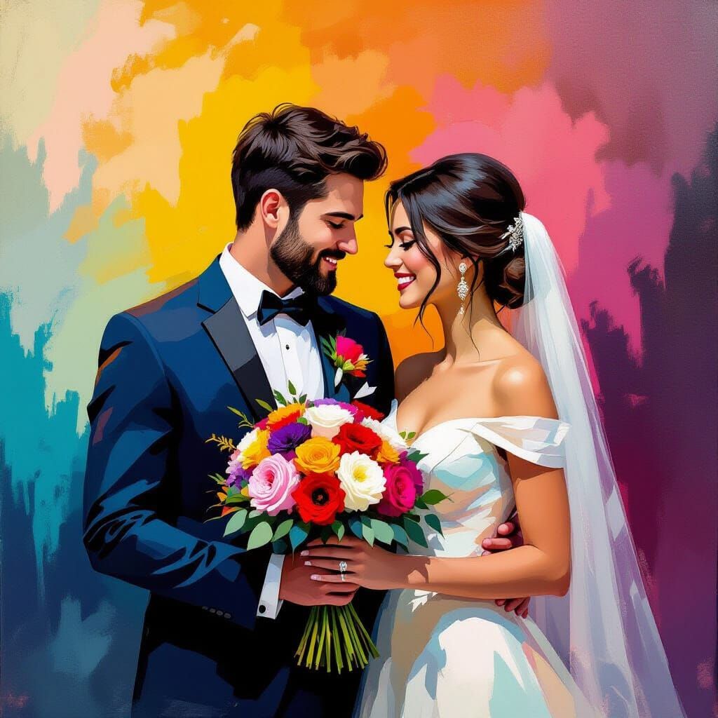 Bold Painterly Scene: Soldier Gifts Flowers to Wife