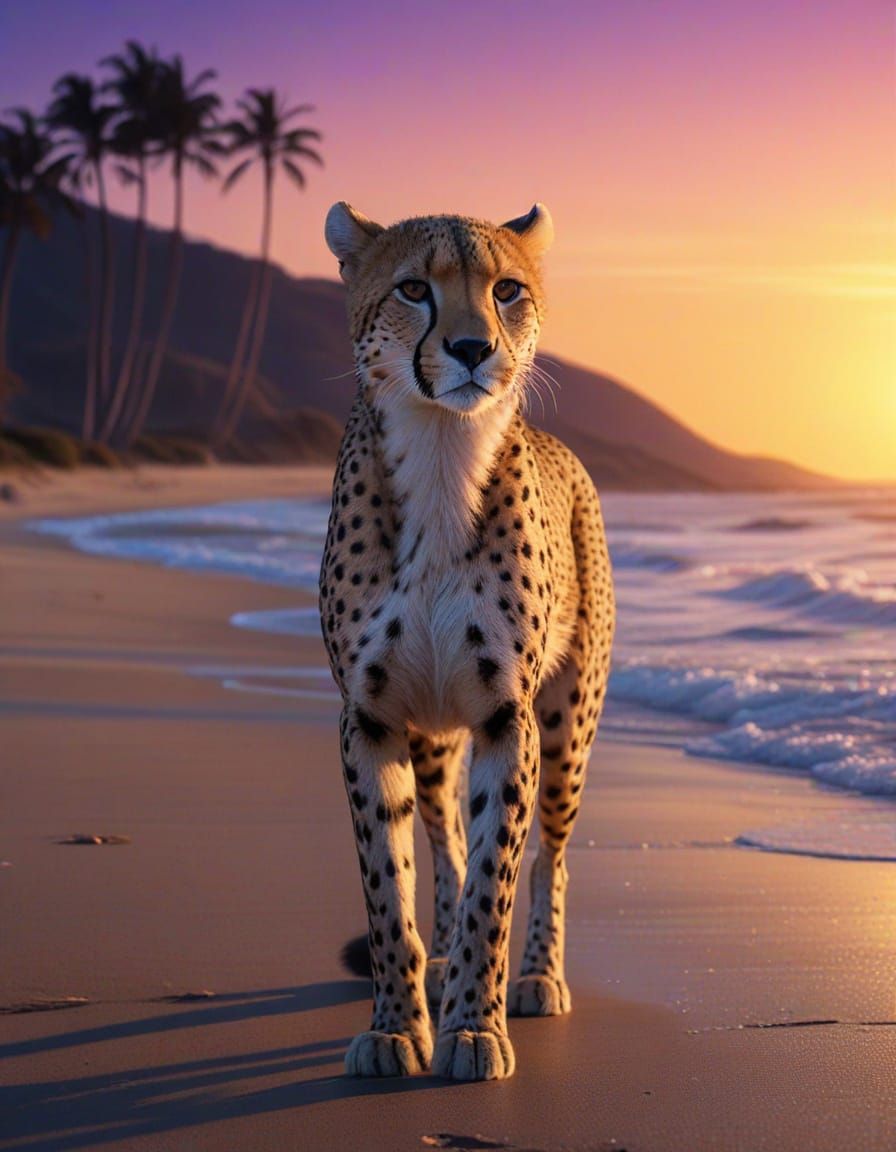 Vibrant Red Cheetah Walks on Extraterrestrial Beach in Hyper...