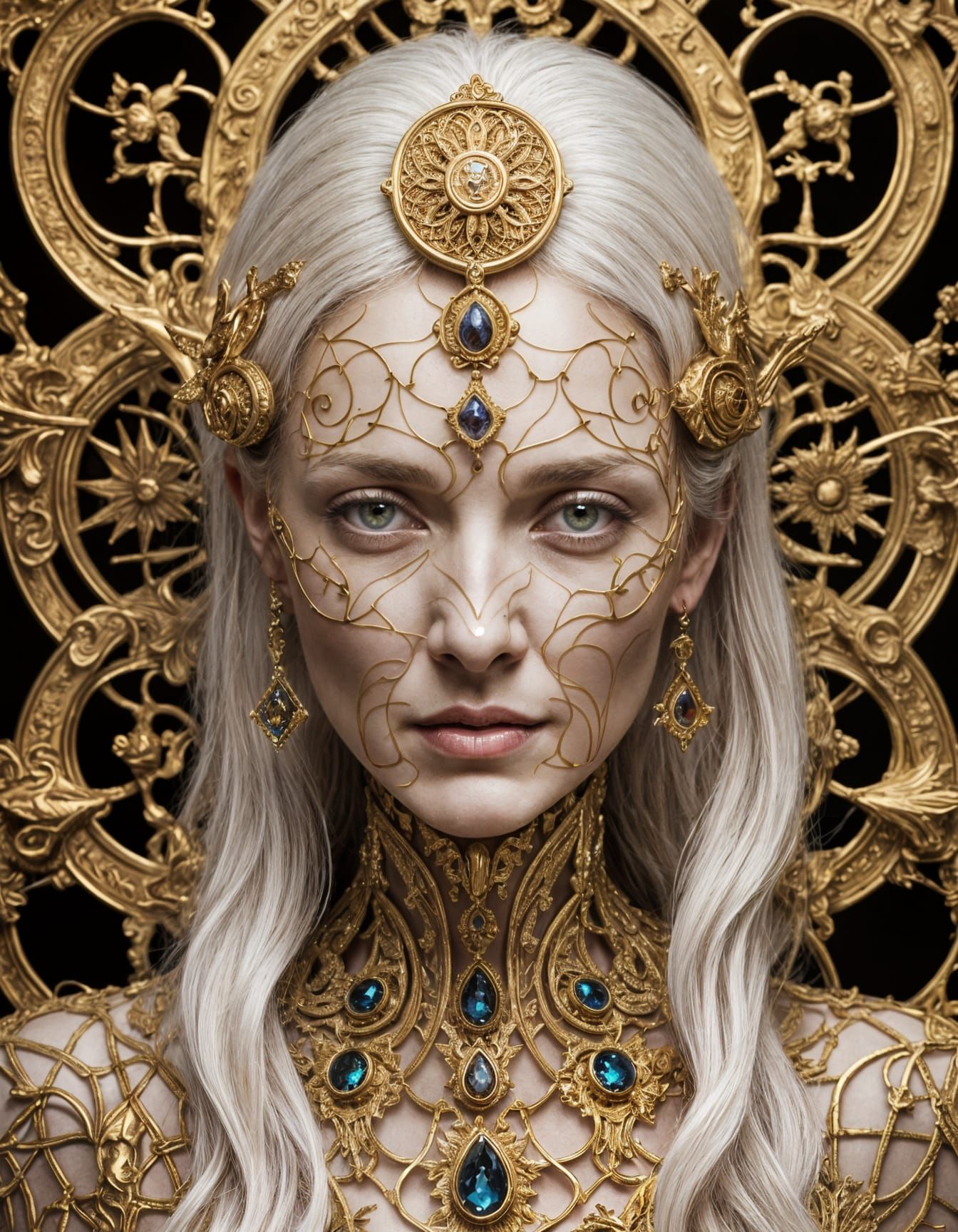 Hyperrealistic Portrait of Elderly Woman in Ornate Gold Fram...