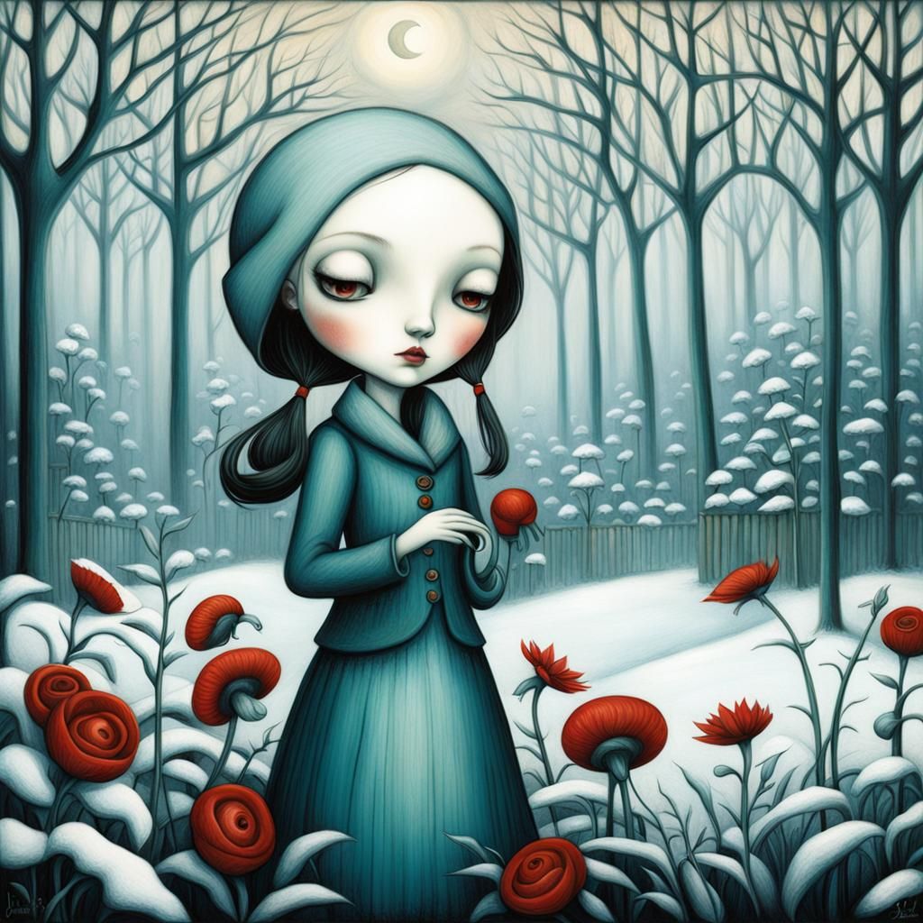 Girl in Winter Garden, Fairytale Illustration