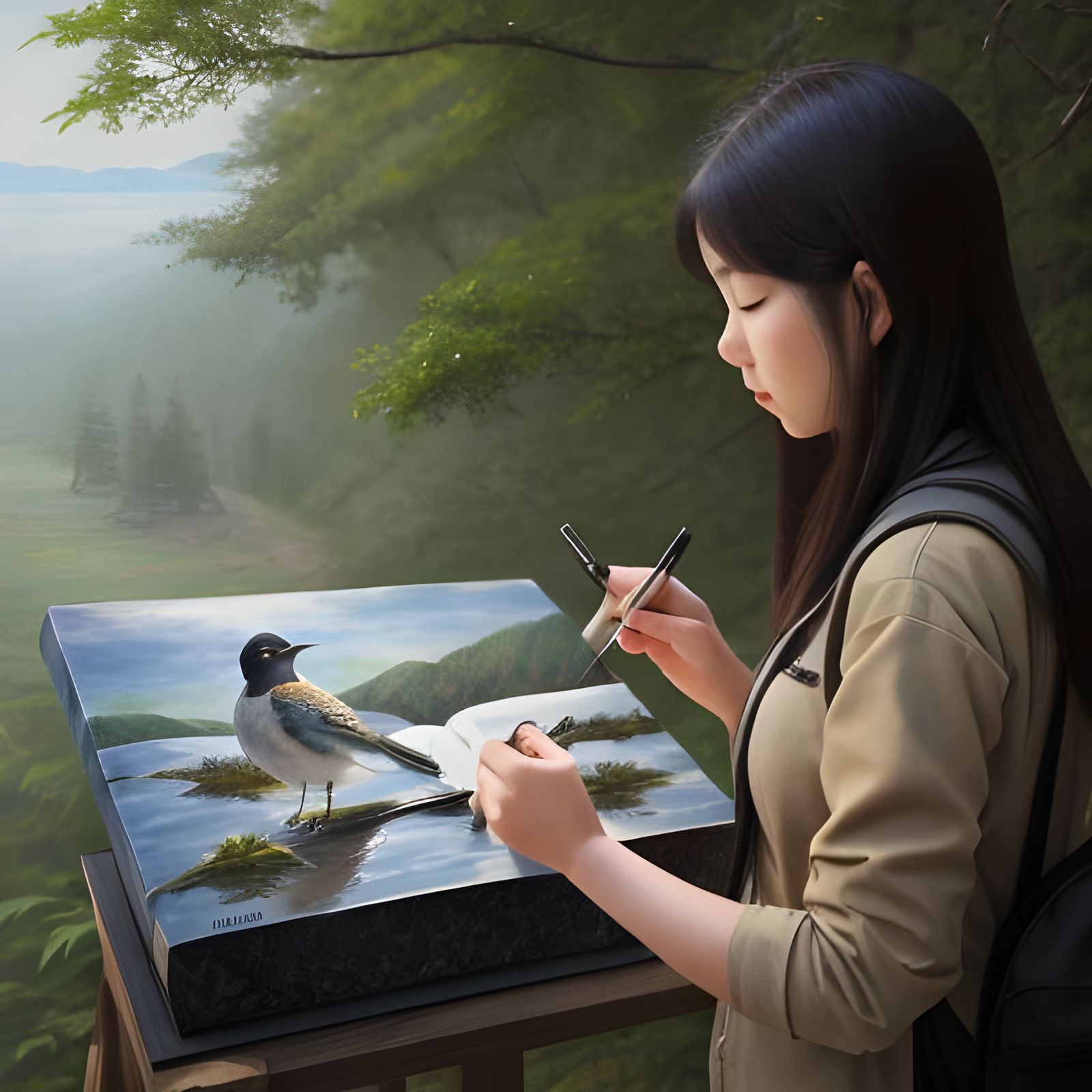 Bird-Watcher's Tranquil Observation: Oil Painting