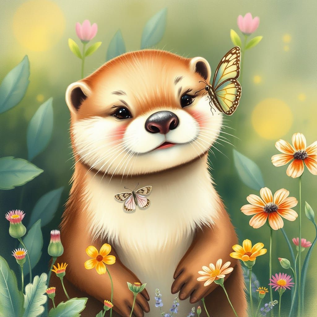 Whimsical Watercolor Otter with Butterfly