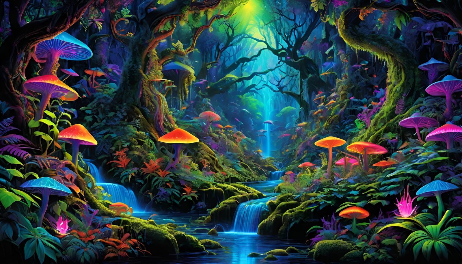 Psychedelic Blacklight Jungle with Mythical Creatures