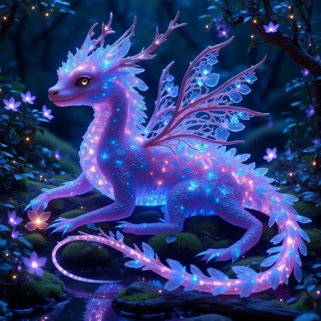 Hyperrealistic Bioluminescent Dragon in a Magical Garden