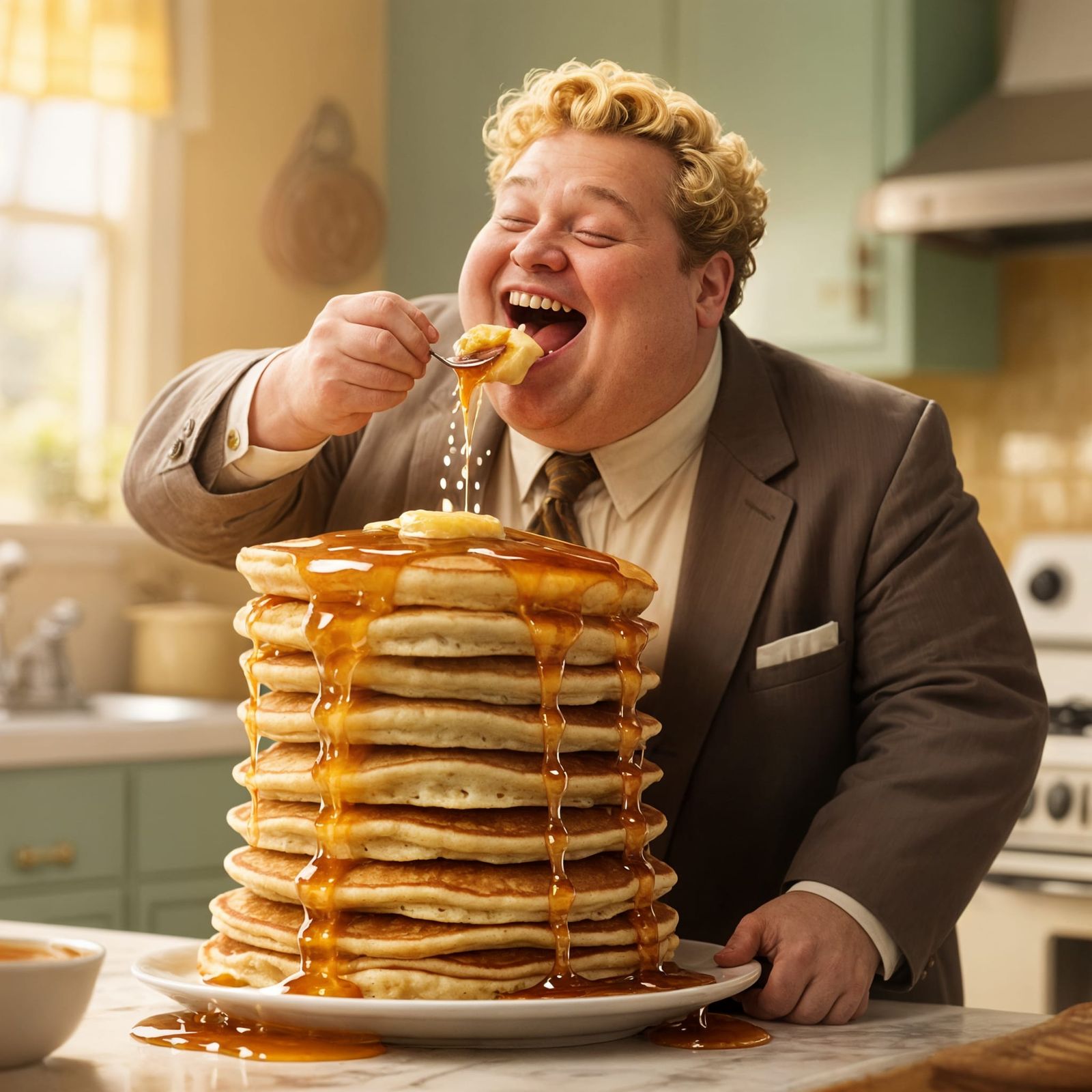 Joyful Man Eats Giant Pancake Stack in Retro Style