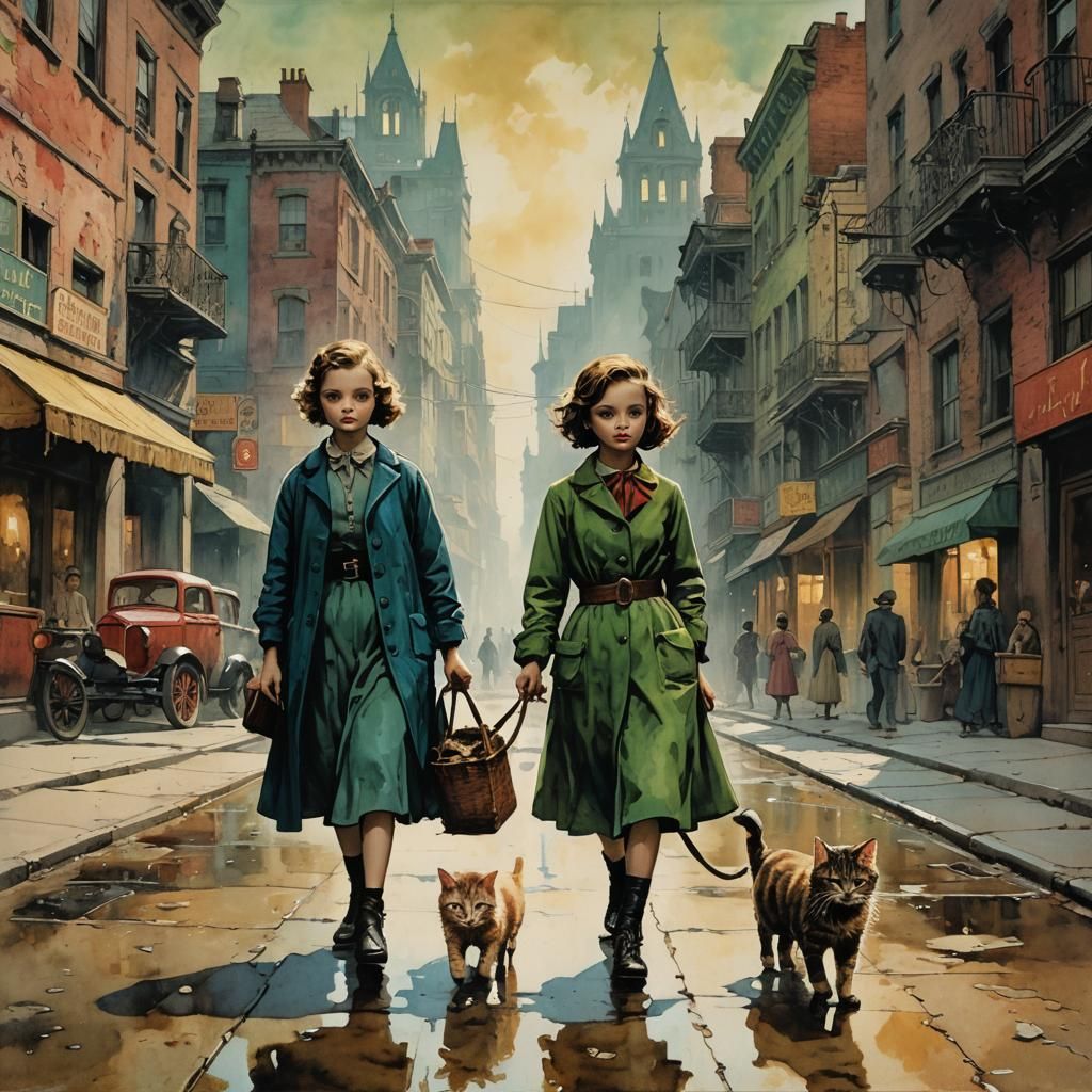 Girls and Cat Stroll Down City Street, Detailed Ink Wash