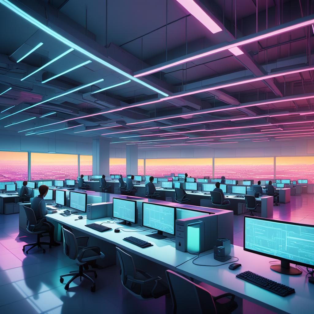 Futuristic Open Plan Office in Neon Oil Painting Style