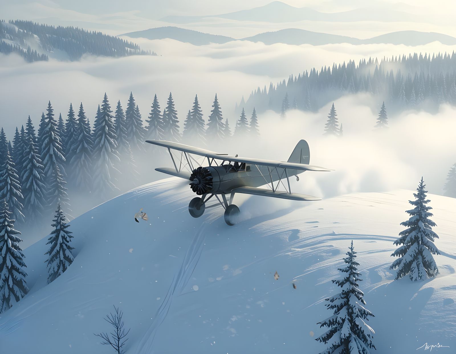 Vintage Biplane Flies Low Over Snowy Hill in Misty Air