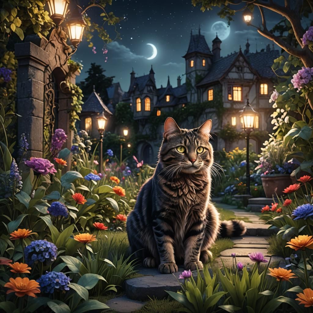 Majestic Cat in a Fantastical Night Garden