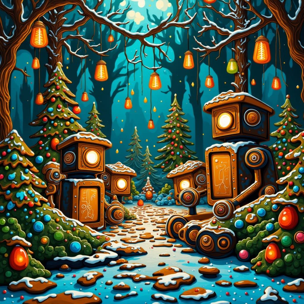 Robots Resting on Peaceful Christmas Eve in Futuristic Ruin