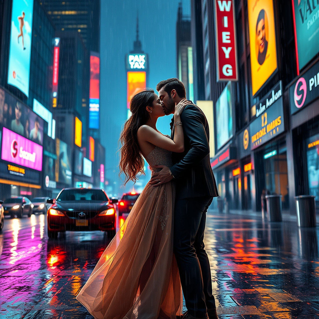 Passionate Kiss in Rainy Cityscape - Cinematic Realism