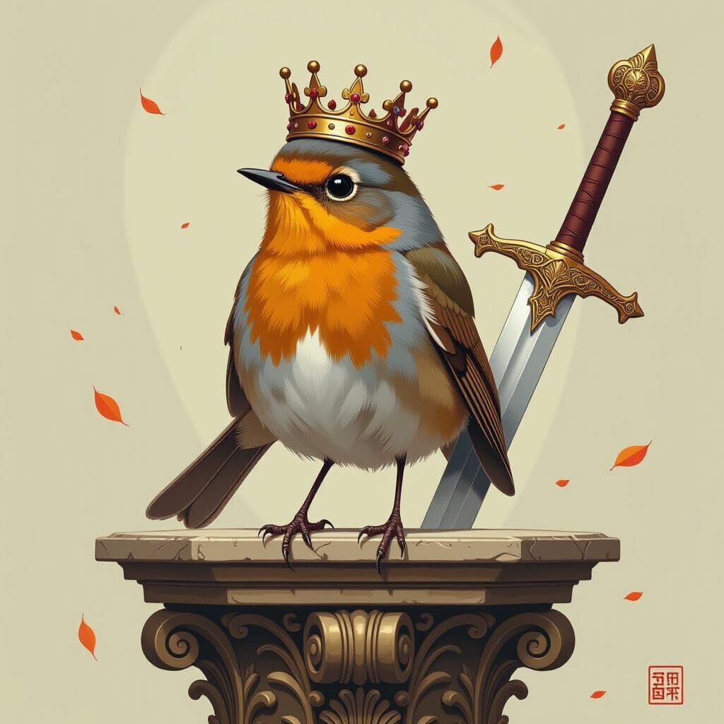 Crowned Robin on Pedestal with Sword, Fantasy Art