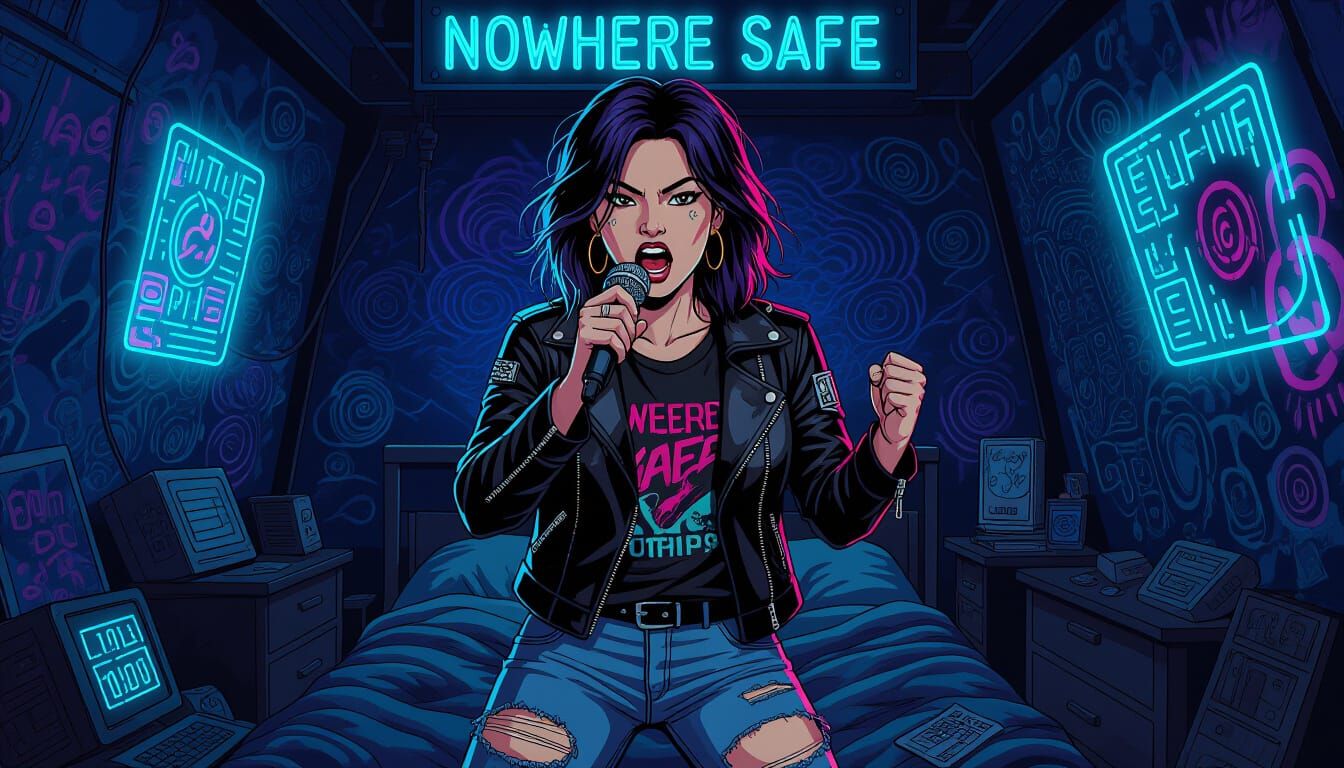 Cyberpunk Tomboy Shouting into Microphone