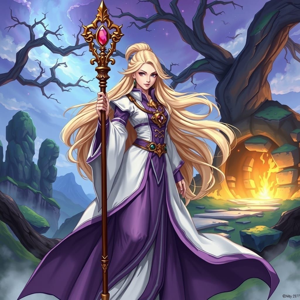 Heroic Mage in Whimsical Fantasy Landscape