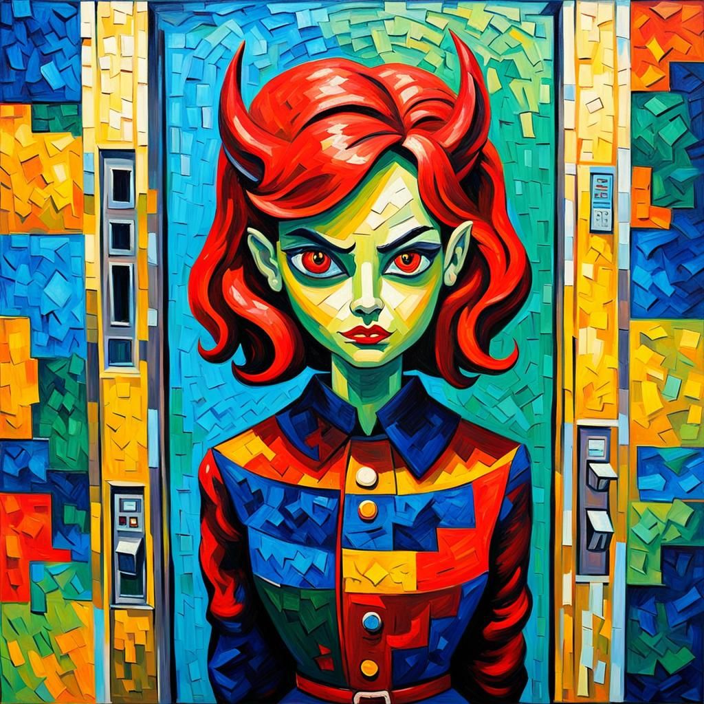 Cartoon She-Devil in Elevator: Expressionist Oil Painting