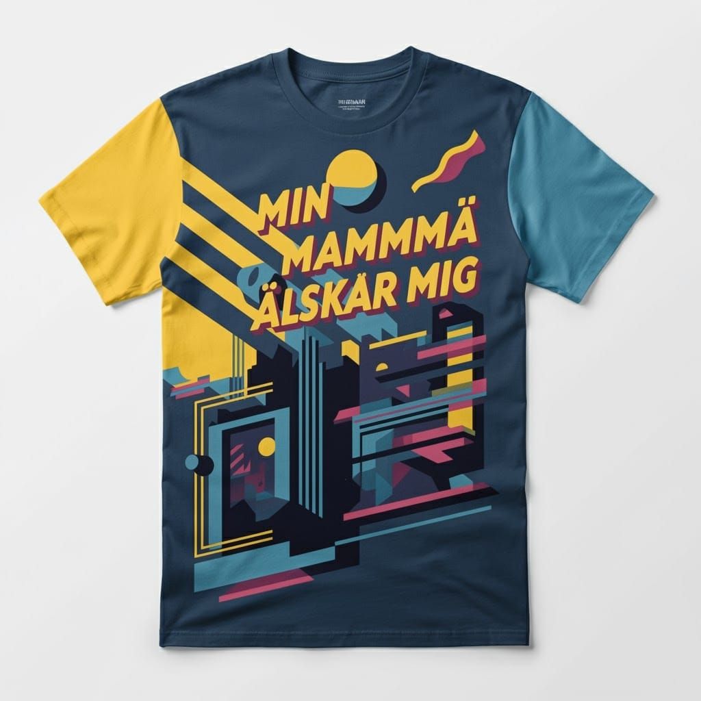 Min Mamma Alskar Mig printed on a yellow and blue t-shirt