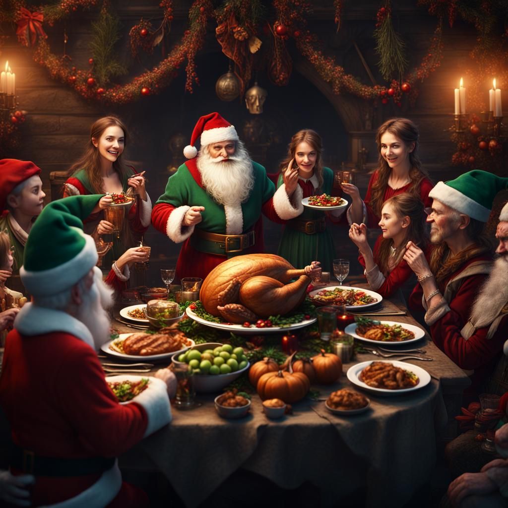 Santa and Elves Thanksgiving Dinner: Fantasy Concept Art