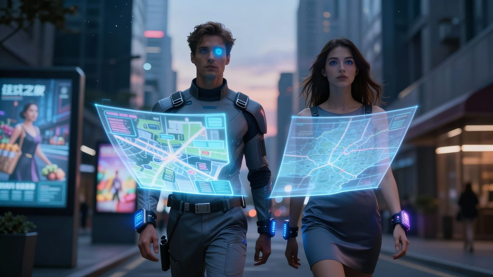 Futuristic Couple Navigating City with AI Eyes