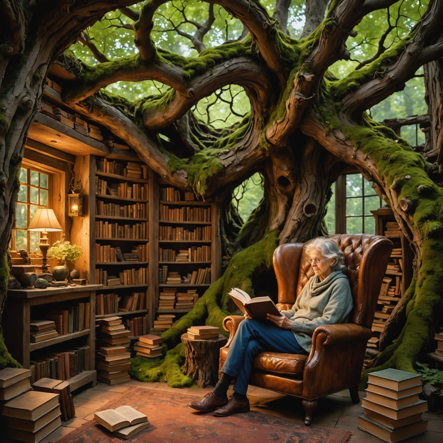 Cozy Reading Nook in Ancient Tree, Impressionistic Style