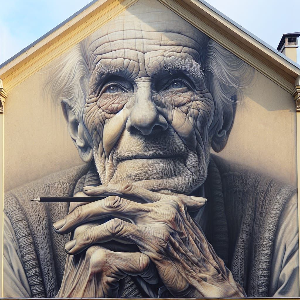 Realistic Mural of Elderly Man on House Gable