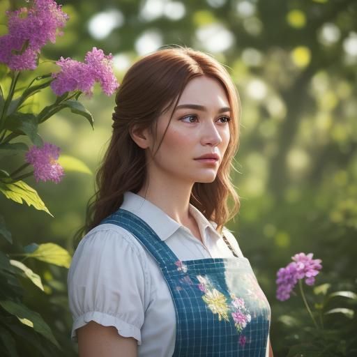 Homemaker in Lush Garden: Photorealistic Film Still