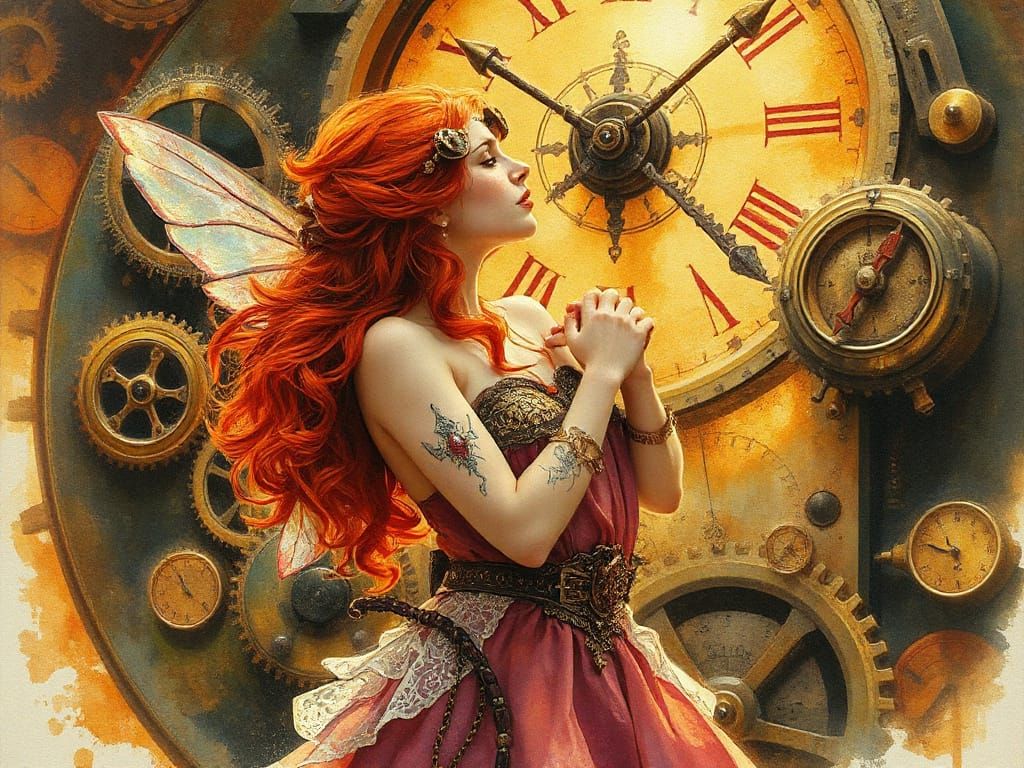 Steampunk Fairy Embracing Herself in Watercolor Style