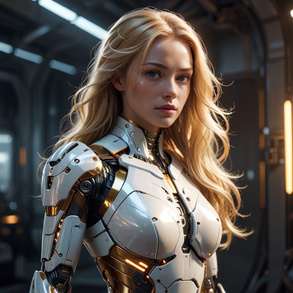 Glowing Robot Armor Heroine in Futuristic Sci-Fi Landscape