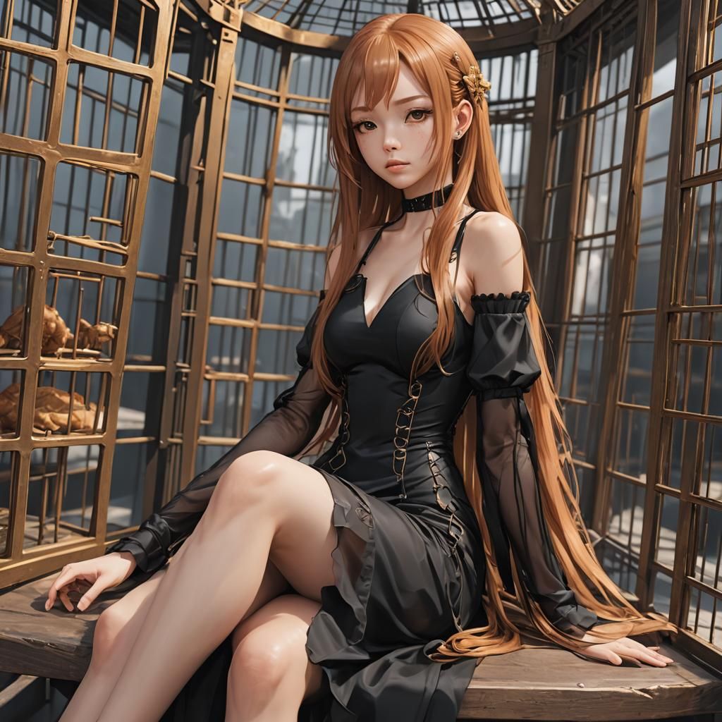 Asian Girl in Cage: Detailed 3D Anime Art