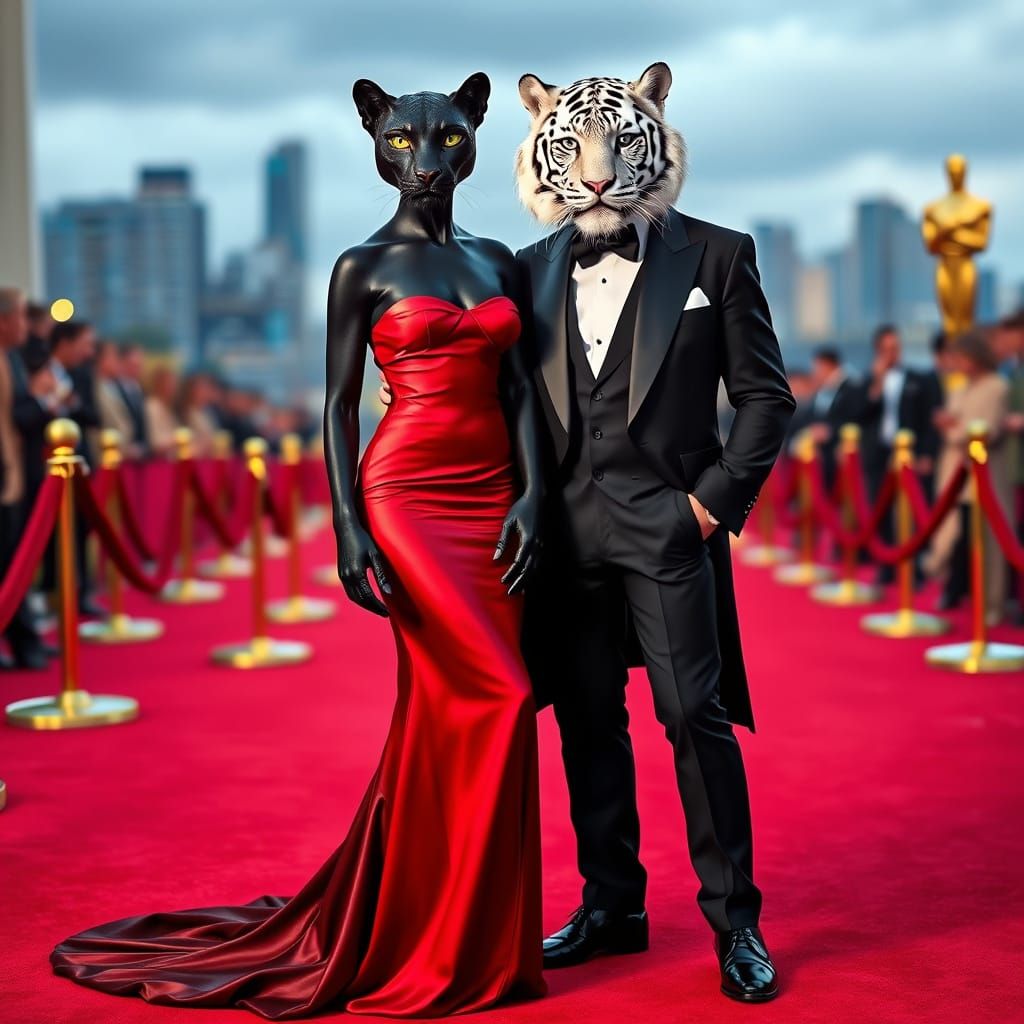 Realistic. On the Oscar red carpet. A humanoid panther in a long red dress, feminine and animal. A humanoid white tiger ...