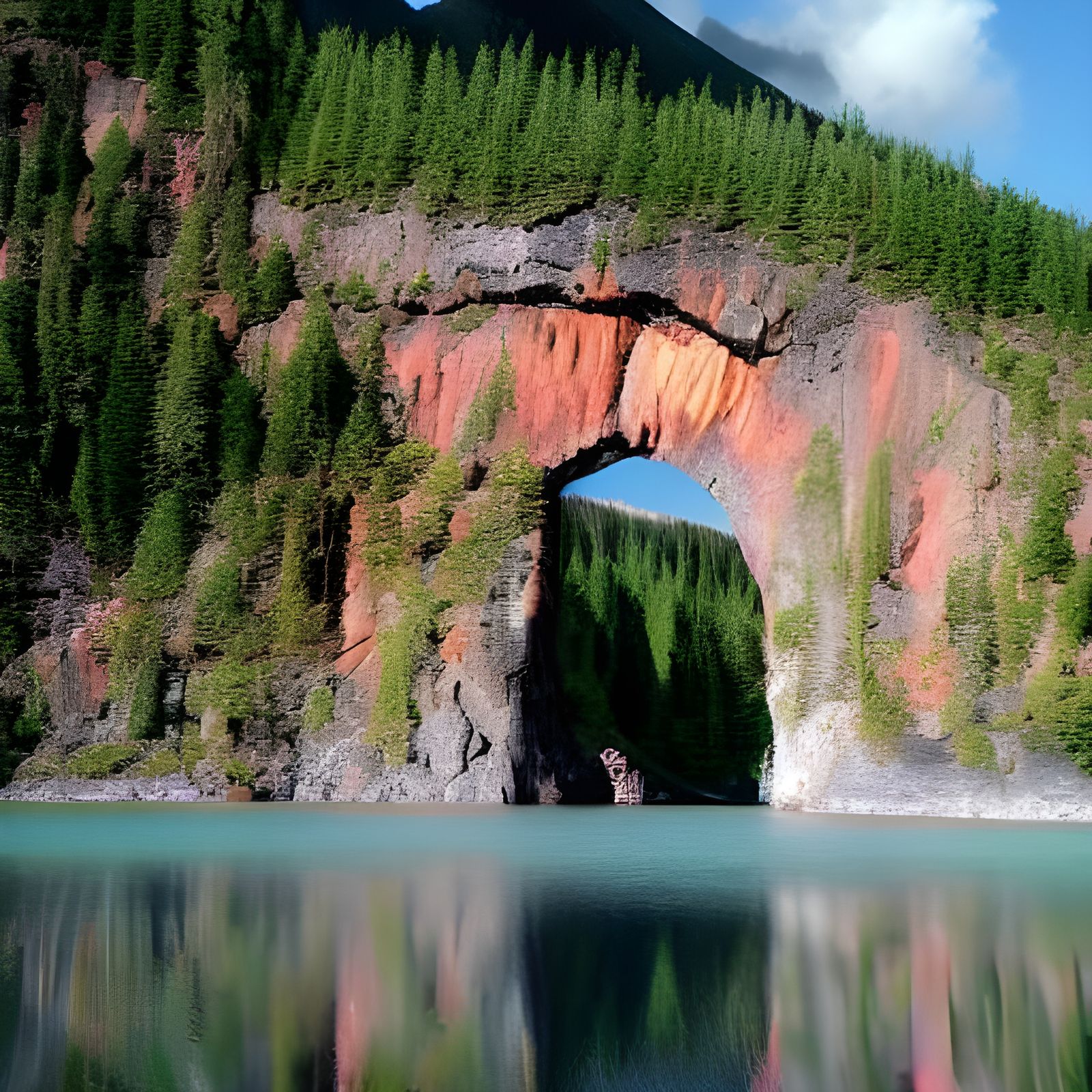 Surreal Nests Arching Over Lagoon with Mountains