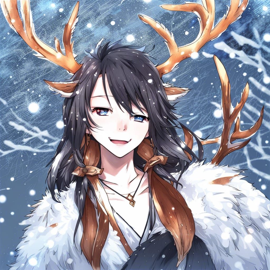 Snow Wolf with Antlers in Anime Style
