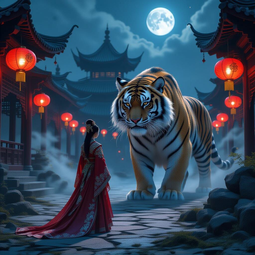 Chinese Princess and Siberian Tiger in Moonlight