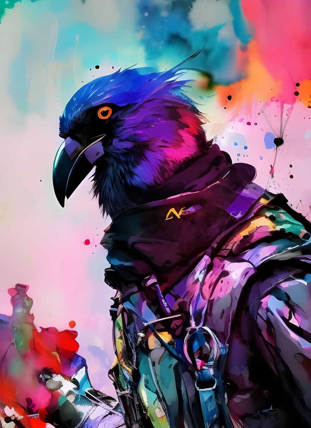 Badass Crow Portrait in Watercolor Borderlands Style