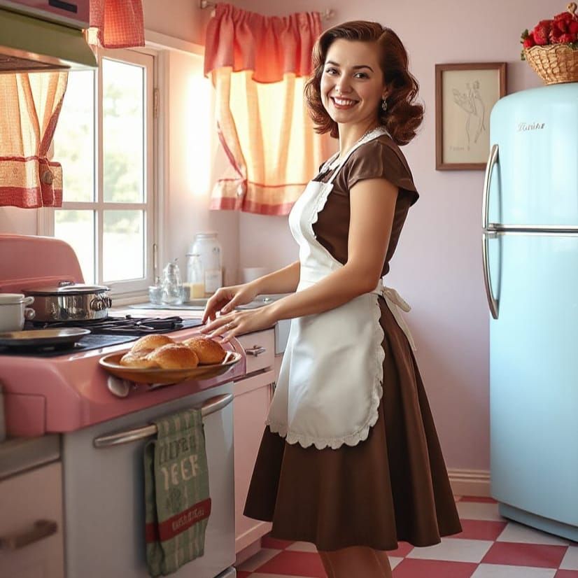 Retro Housewife Prepares Breakfast in a Cheerful 1950s Kitch...