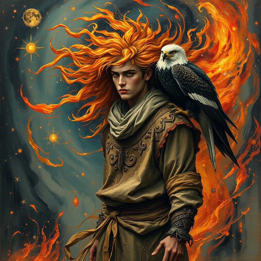 Cosmic Wanderer with Fiery Hair and Majestic Eagle