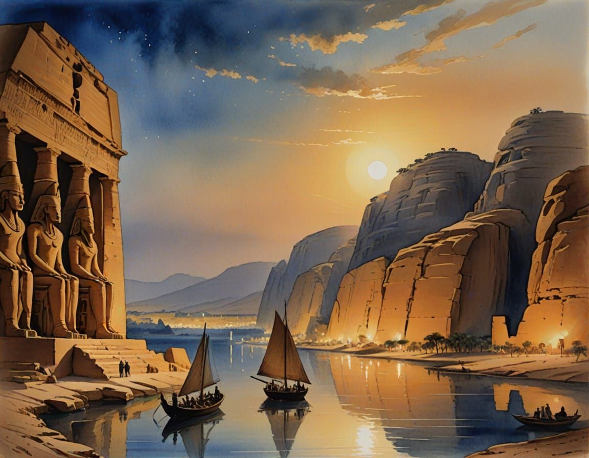 Style of Turner, a romantic watercolour of the Temple of Abu Simbel in the distance by the Nile at evening