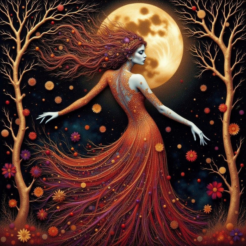 Woman Dancing Under Harvest Moon in Autumn Colors