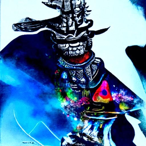 Holographic Oni Samurai: Cosmic Mixed Media Illustration