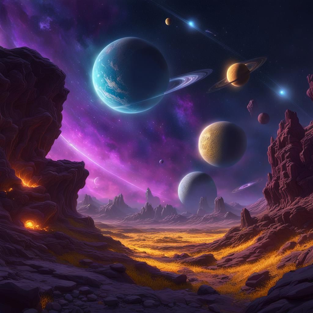 Spectacular Night Sky with Celestial Objects as Dark Fantasy...