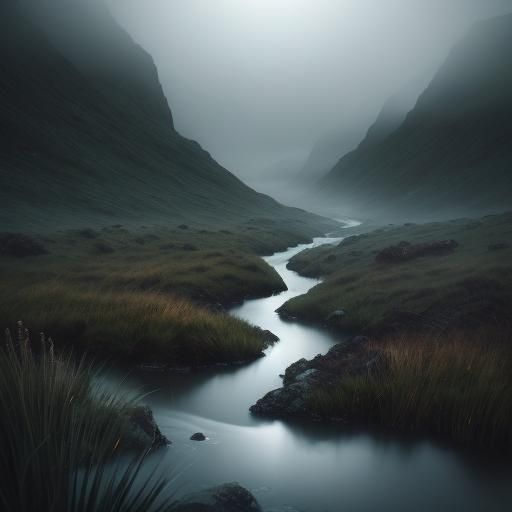 Moody Landscape: Fog Rising Through Hills in the Rain