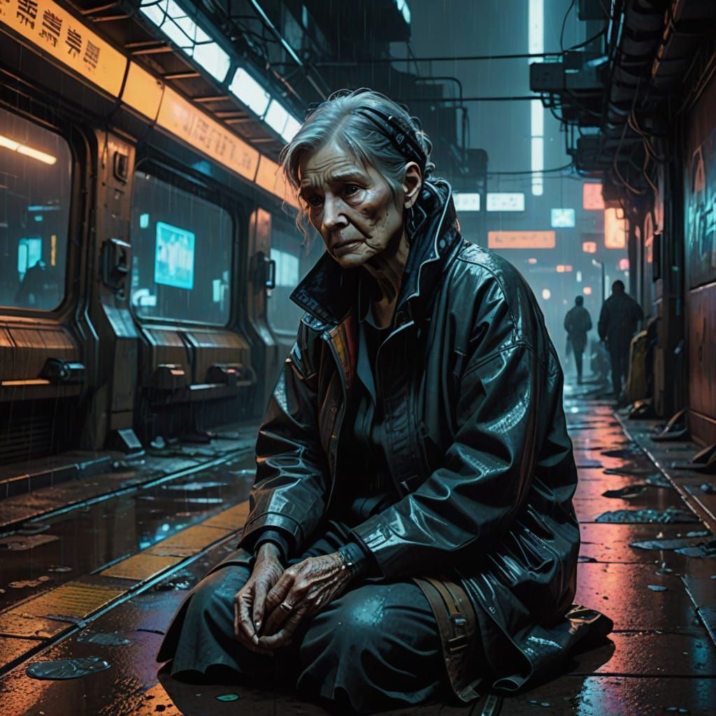 Elderly Woman in Dystopian Subway Station