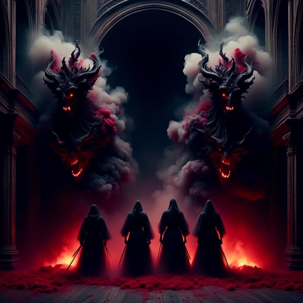 Demons in Gothic Chamber with Red Smoke