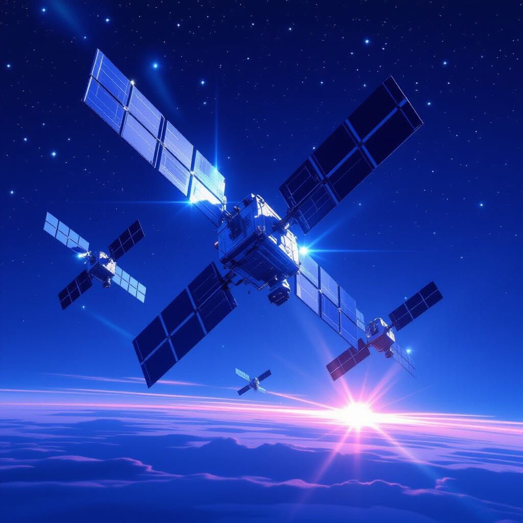 Futuristic Geostationary Satellite System in Starry Sky