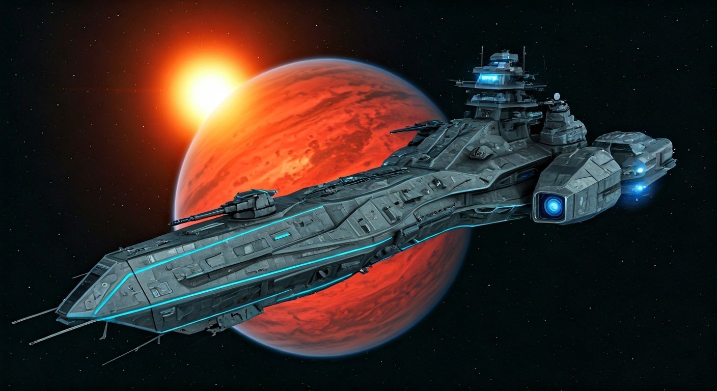 Sleek Sci-Fi Warship Orbits Red Gas Giant